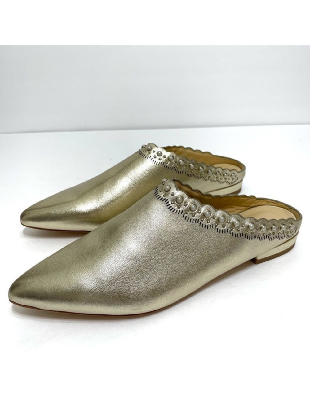 Pour La Victoire Giselle Gold Leather Slip On Flat Pearl Embellished Mules
